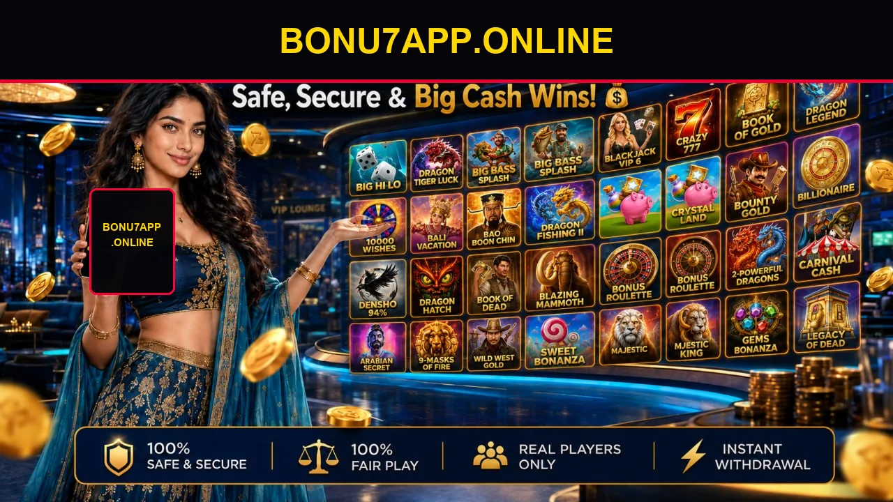 Supplied BONU7 promotional artwork showing a broad game-library presentation; promotional claims in the artwork are not independently verified.